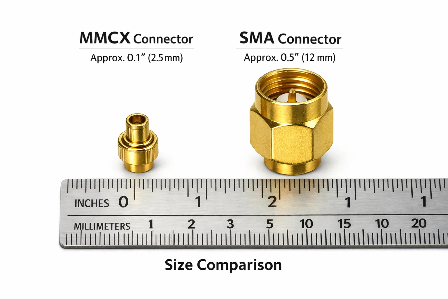 Side-by-side comparison of MMCX and SMA connectors, highlighting their size difference Side-by-side comparison of MMCX and SMA connectors, highlighting their size difference