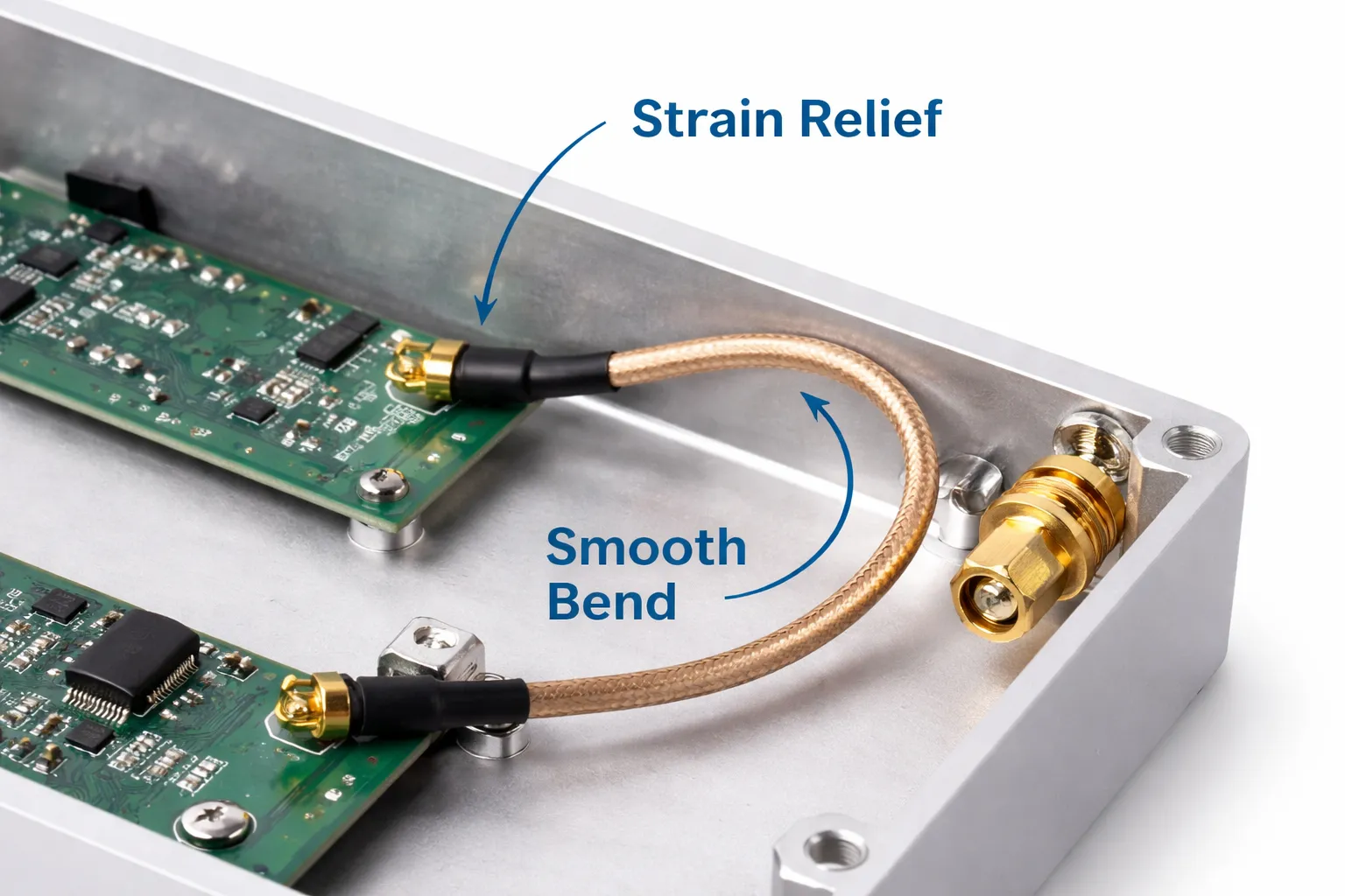 Diagram showing correct cable routing: a short straight section before the first bend to reduce stress near the connector Diagram showing correct cable routing: a short straight section before the first bend to reduce stress near the connector