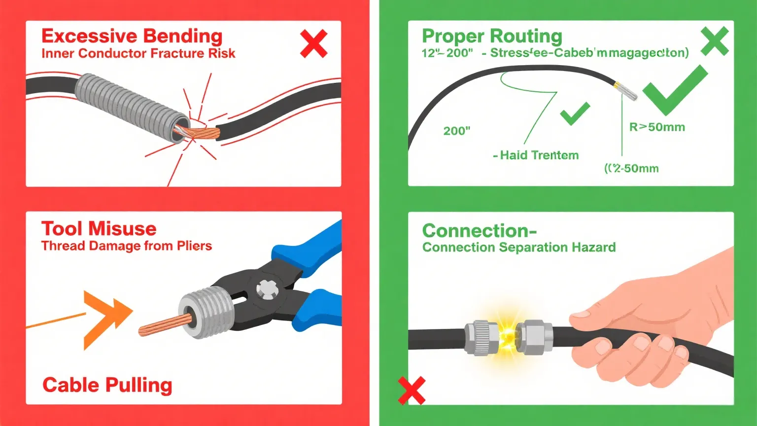 Diagram showing correct installation technique: supporting the SMA connector to prevent torque transfer when tightening Diagram showing correct installation technique: supporting the SMA connector to prevent torque transfer when tightening