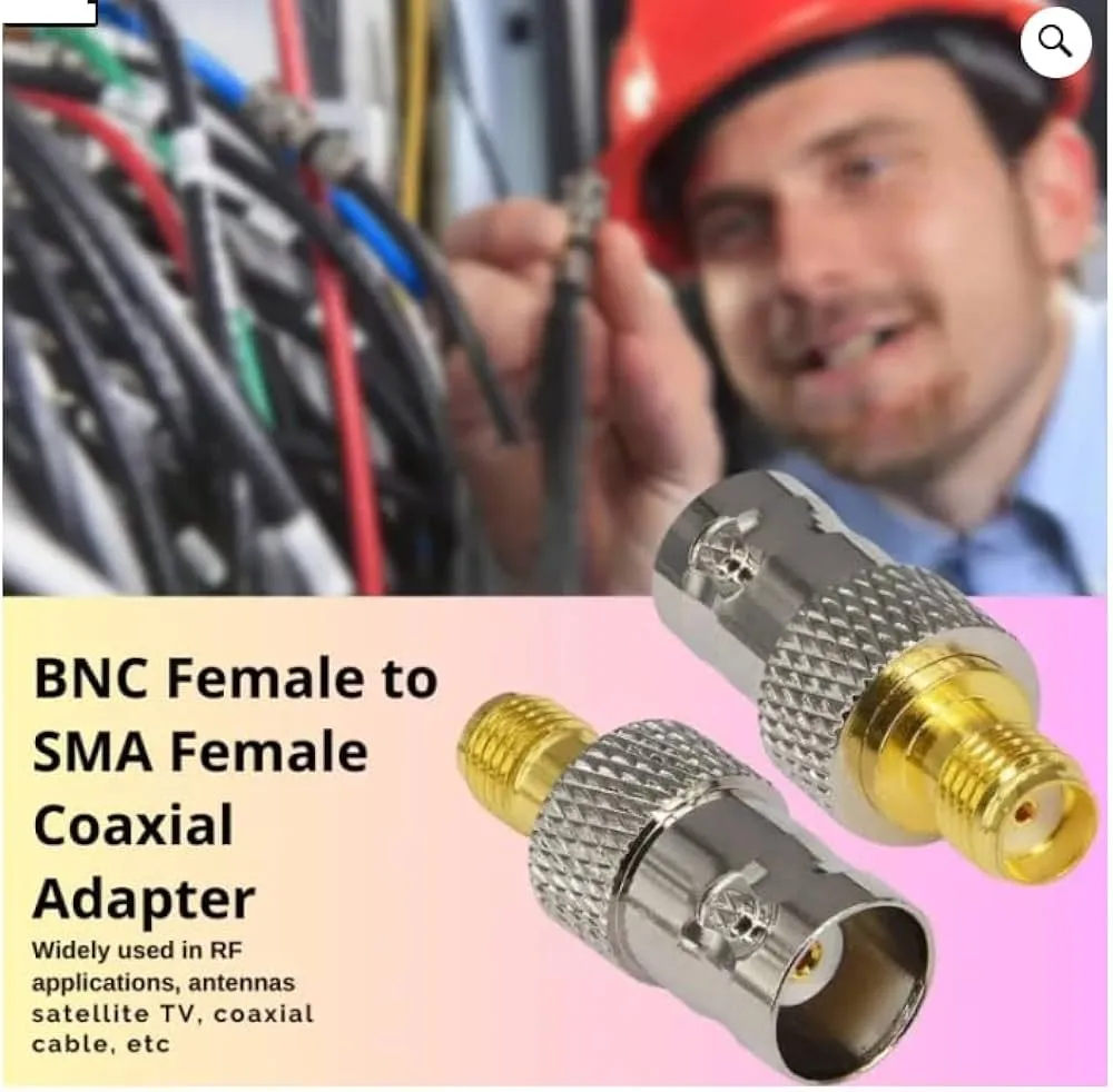 Diagram showing an RF module with SMA output connected to a bench instrument with BNC input via an SMA to BNC adapter Diagram showing an RF module with SMA output connected to a bench instrument with BNC input via an SMA to BNC adapter