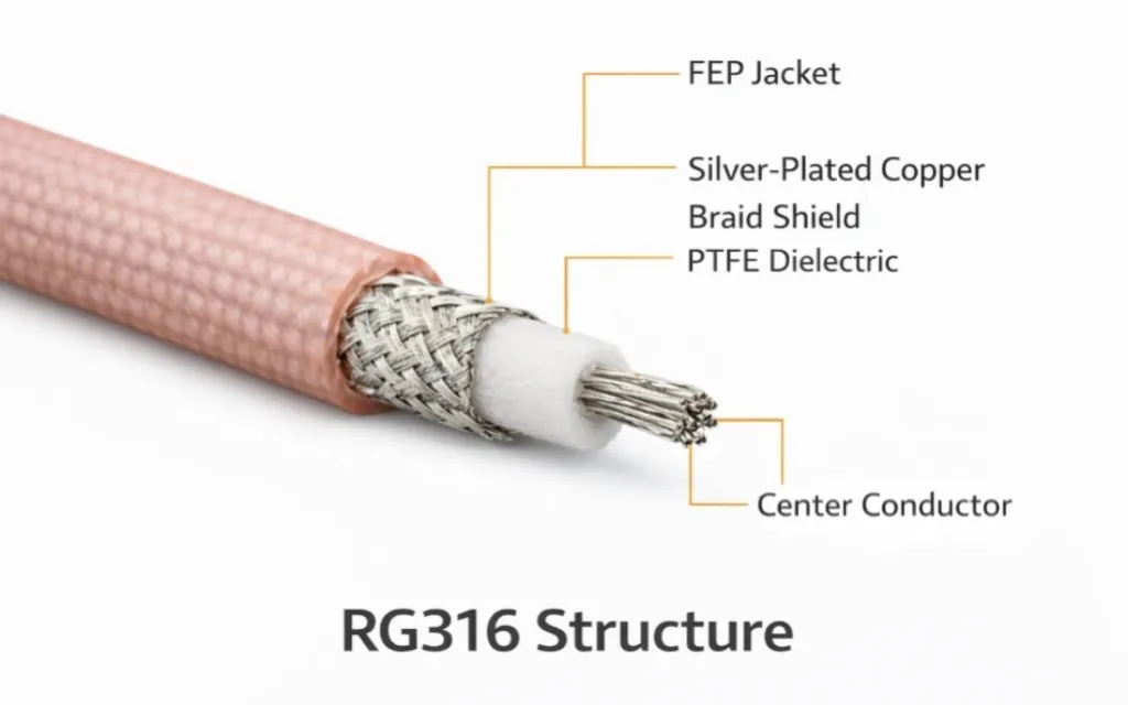 Close-up of RG316 coaxial cable, showing its small diameter, PTFE dielectric, and braided shield Close-up of RG316 coaxial cable, showing its small diameter, PTFE dielectric, and braided shield