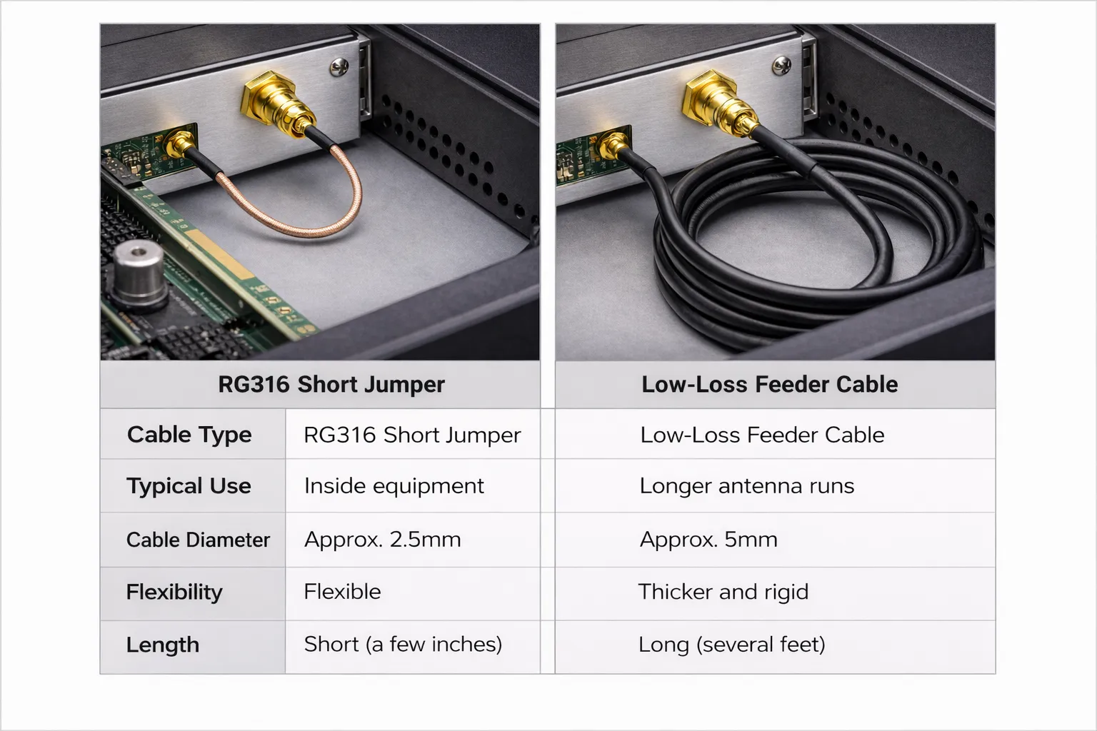 Graph or diagram showing increasing attenuation of RG316 cable with frequency, indicating its limitation for long feeder runs Graph or diagram showing increasing attenuation of RG316 cable with frequency, indicating its limitation for long feeder runs