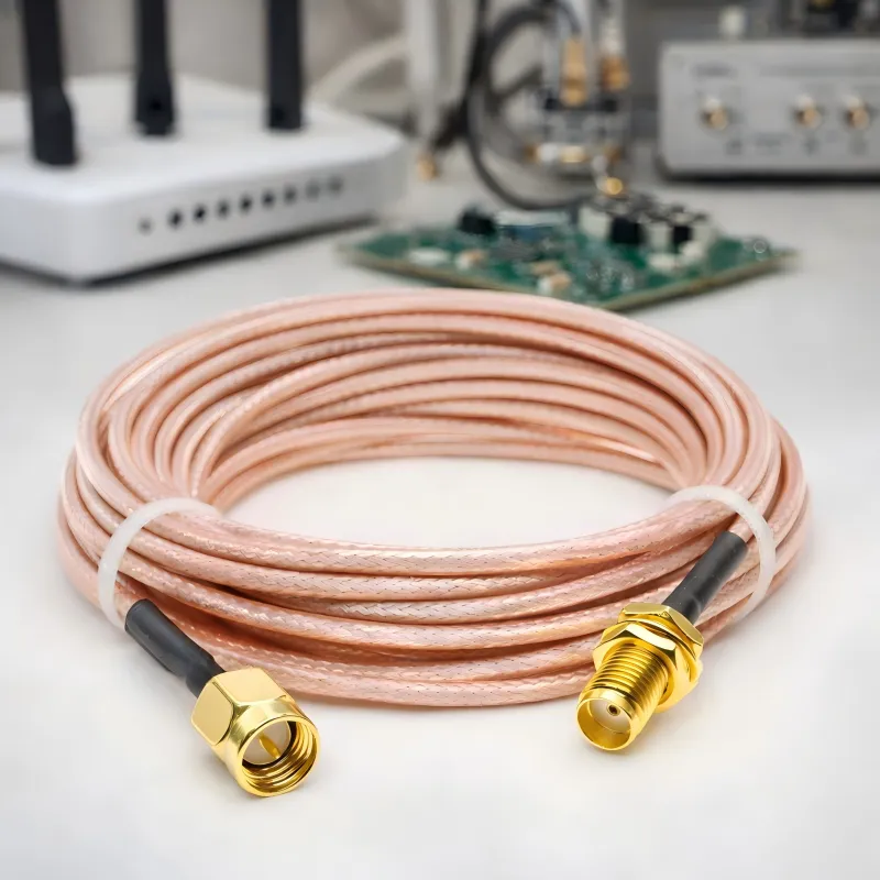 Close-up of an RG316 coaxial cable jumper, showing its small diameter and flexible construction Close-up of an RG316 coaxial cable jumper, showing its small diameter and flexible construction
