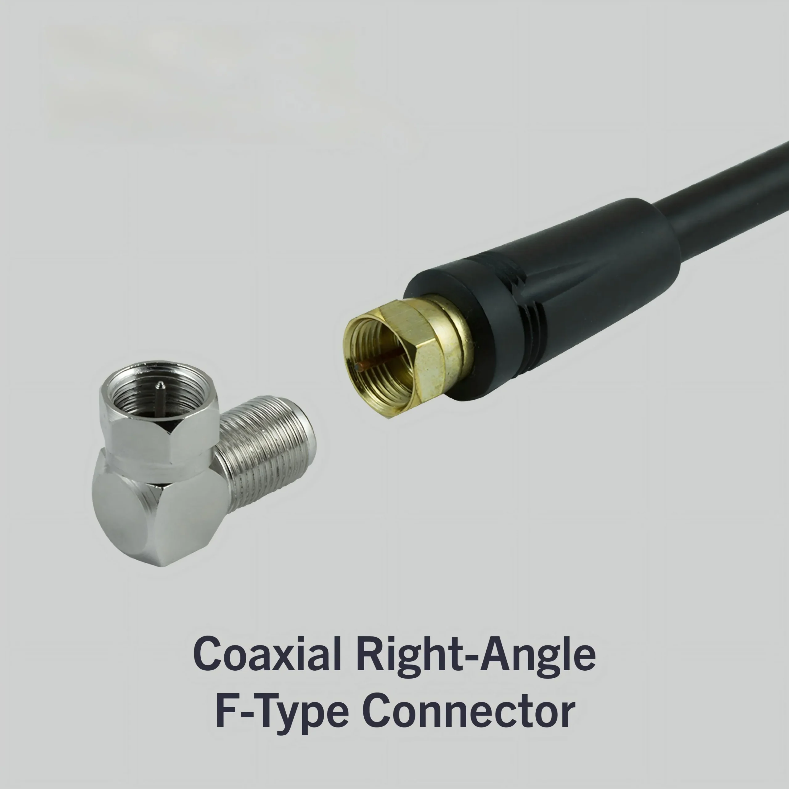 Diagram showing a right-angle coax fitting protecting the first bend behind a wall-mounted TV, preventing cable stress and connector damage Diagram showing a right-angle coax fitting protecting the first bend behind a wall-mounted TV, preventing cable stress and connector damage