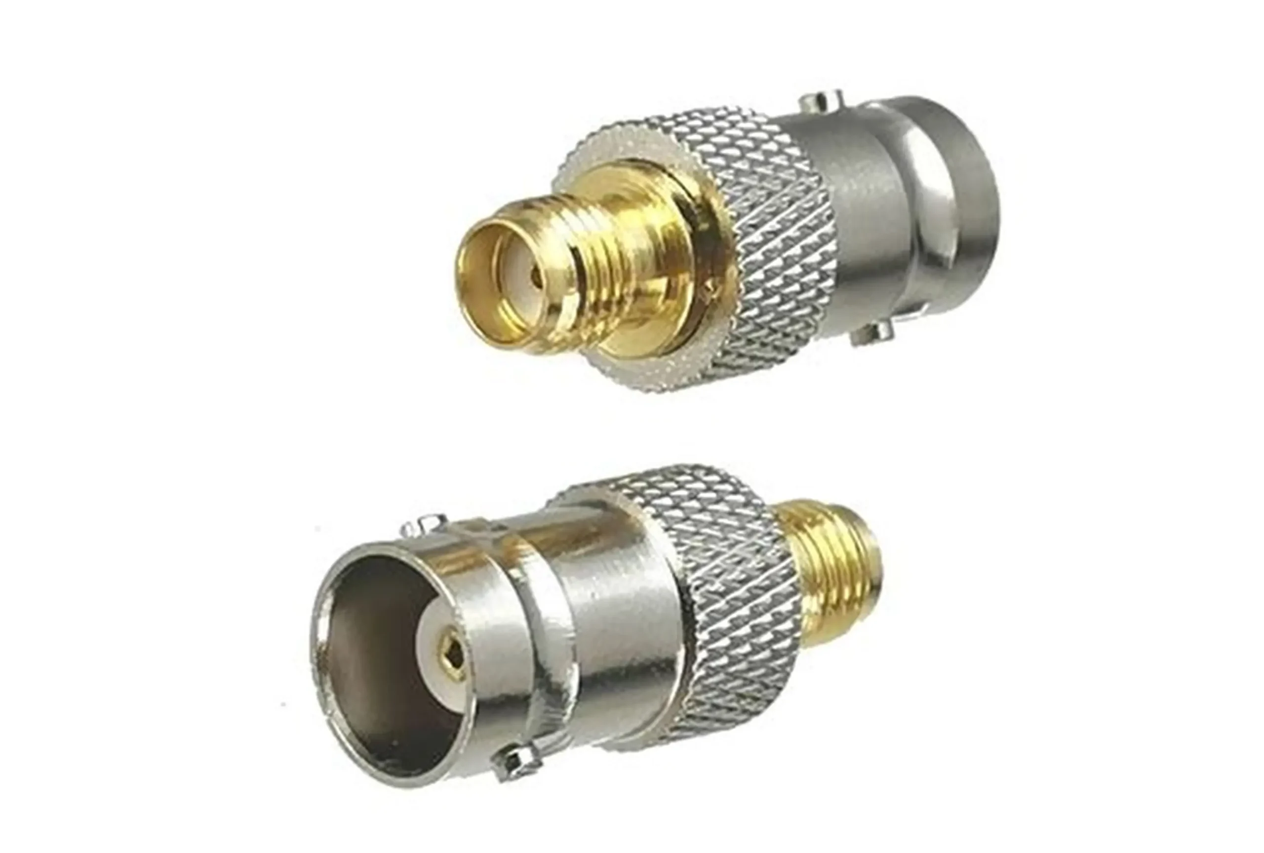 Photograph of a rigid SMA to BNC adapter, a short metal body with SMA on one end and BNC on the other Photograph of a rigid SMA to BNC adapter, a short metal body with SMA on one end and BNC on the other
