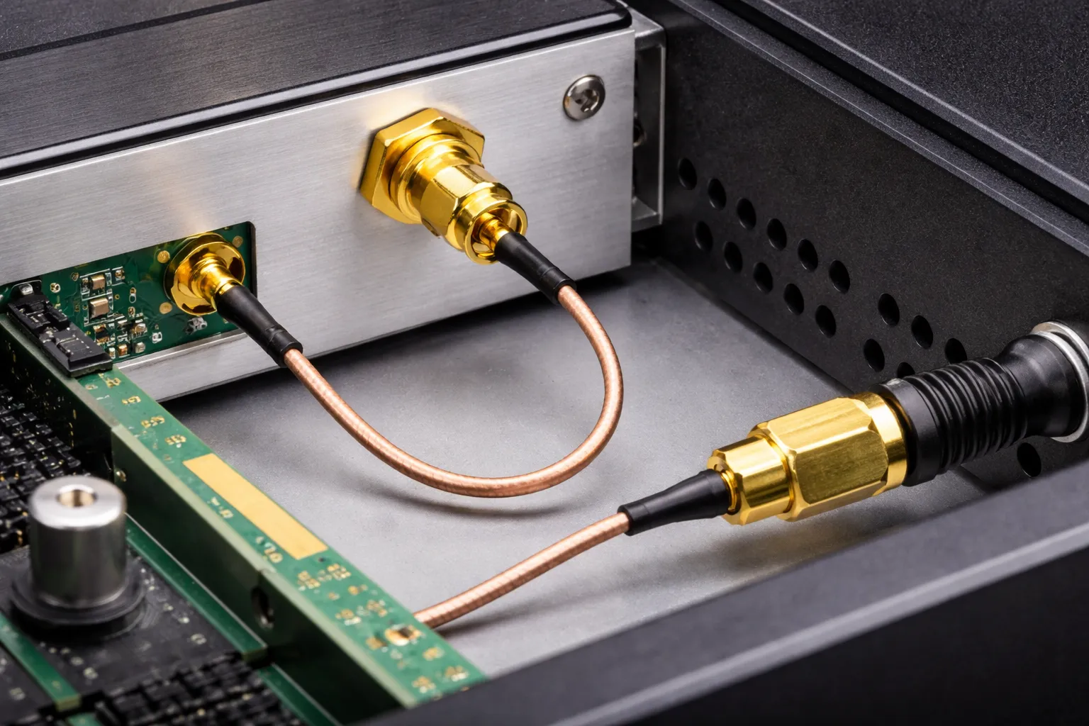 Diagram showing an MMCX to SMA cable as a short transition link between a board connector and a panel connector Diagram showing an MMCX to SMA cable as a short transition link between a board connector and a panel connector