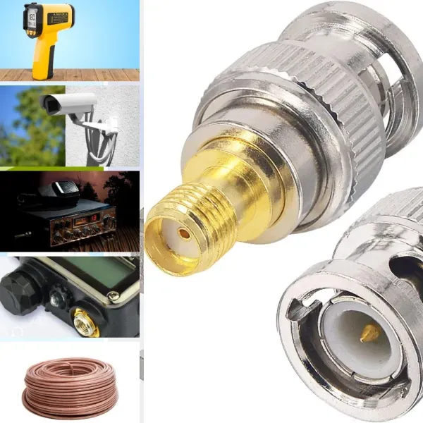 Diagram showing SMA connectors on compact radios and BNC connectors on test instruments, with an adapter bridging them Diagram showing SMA connectors on compact radios and BNC connectors on test instruments, with an adapter bridging them