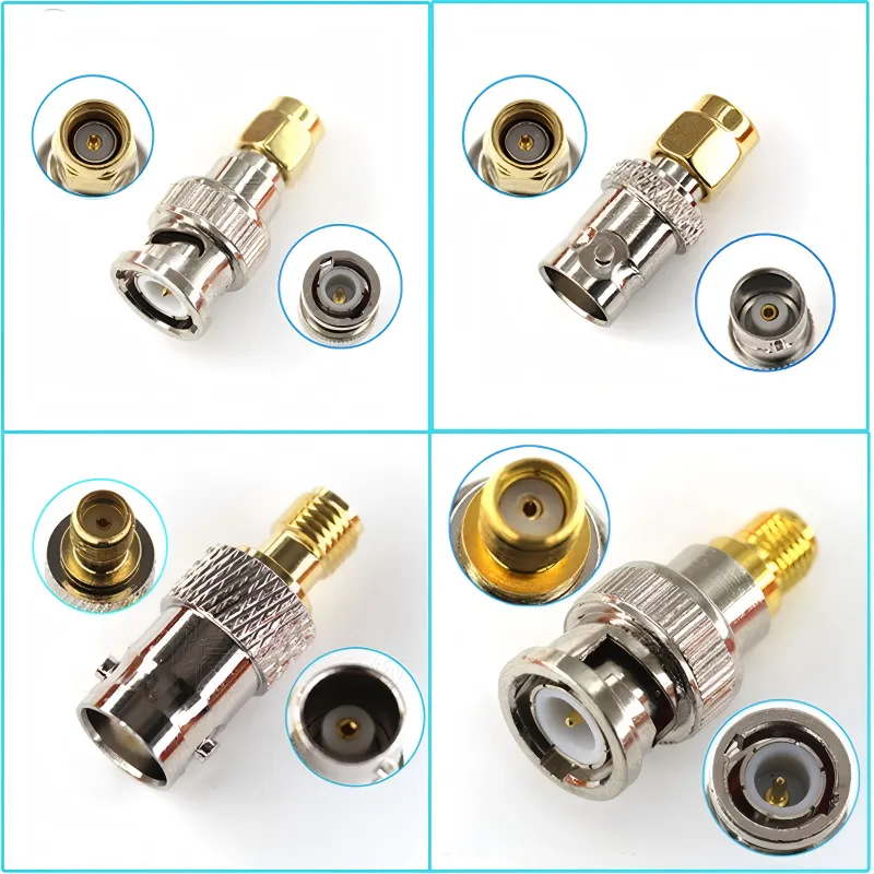 Side-by-side comparison of SMA and N connector genders, showing male (pin) and female (socket) Side-by-side comparison of SMA and N connector genders, showing male (pin) and female (socket)