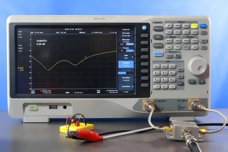 Diagram showing an SMA to BNC cable connecting an SMA device to a BNC instrument Diagram showing an SMA to BNC cable connecting an SMA device to a BNC instrument