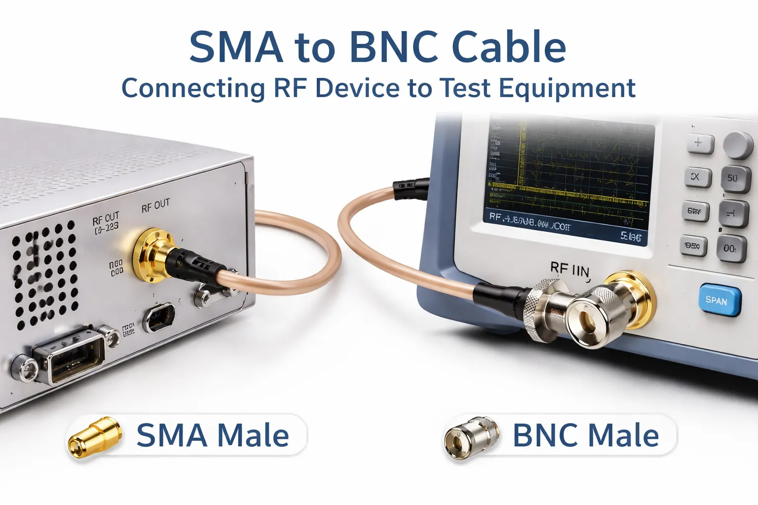 Photograph of an SMA to BNC cable assembly, commonly used to connect modern SMA devices to legacy BNC test equipment Photograph of an SMA to BNC cable assembly, commonly used to connect modern SMA devices to legacy BNC test equipment