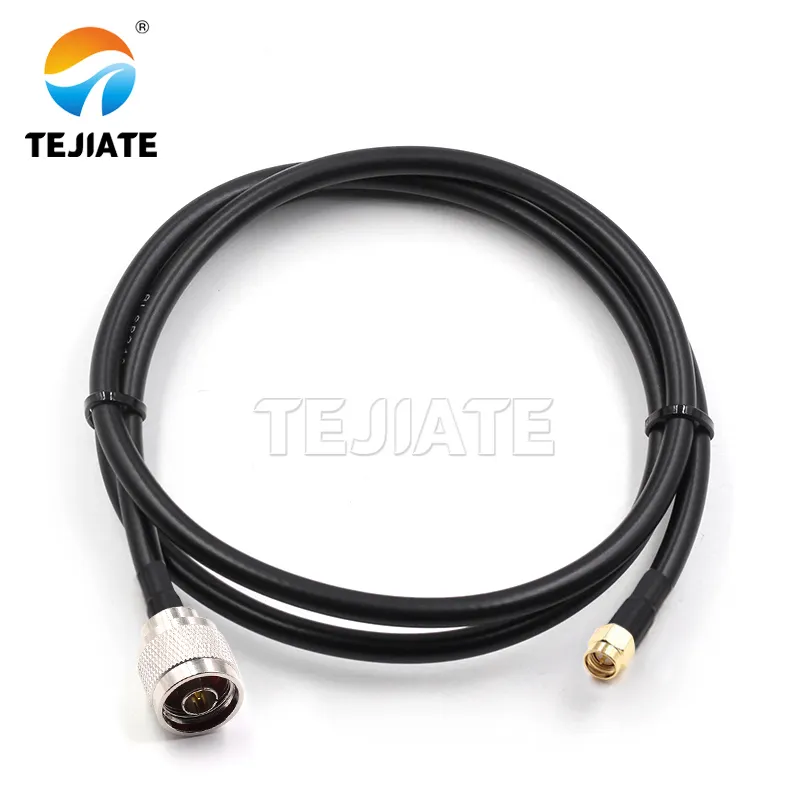 Photograph of a complete SMA to N cable assembly, showing connectors and flexible coax Photograph of a complete SMA to N cable assembly, showing connectors and flexible coax