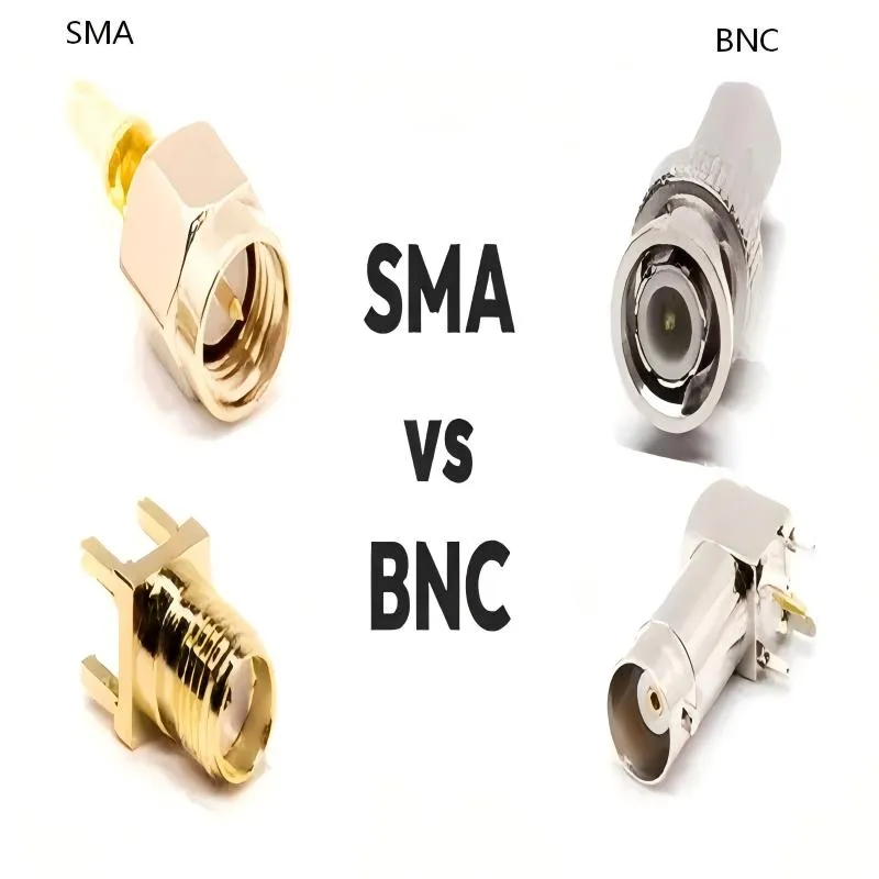 Side-by-side comparison of SMA and BNC connectors, showing their mechanical differences Side-by-side comparison of SMA and BNC connectors, showing their mechanical differences