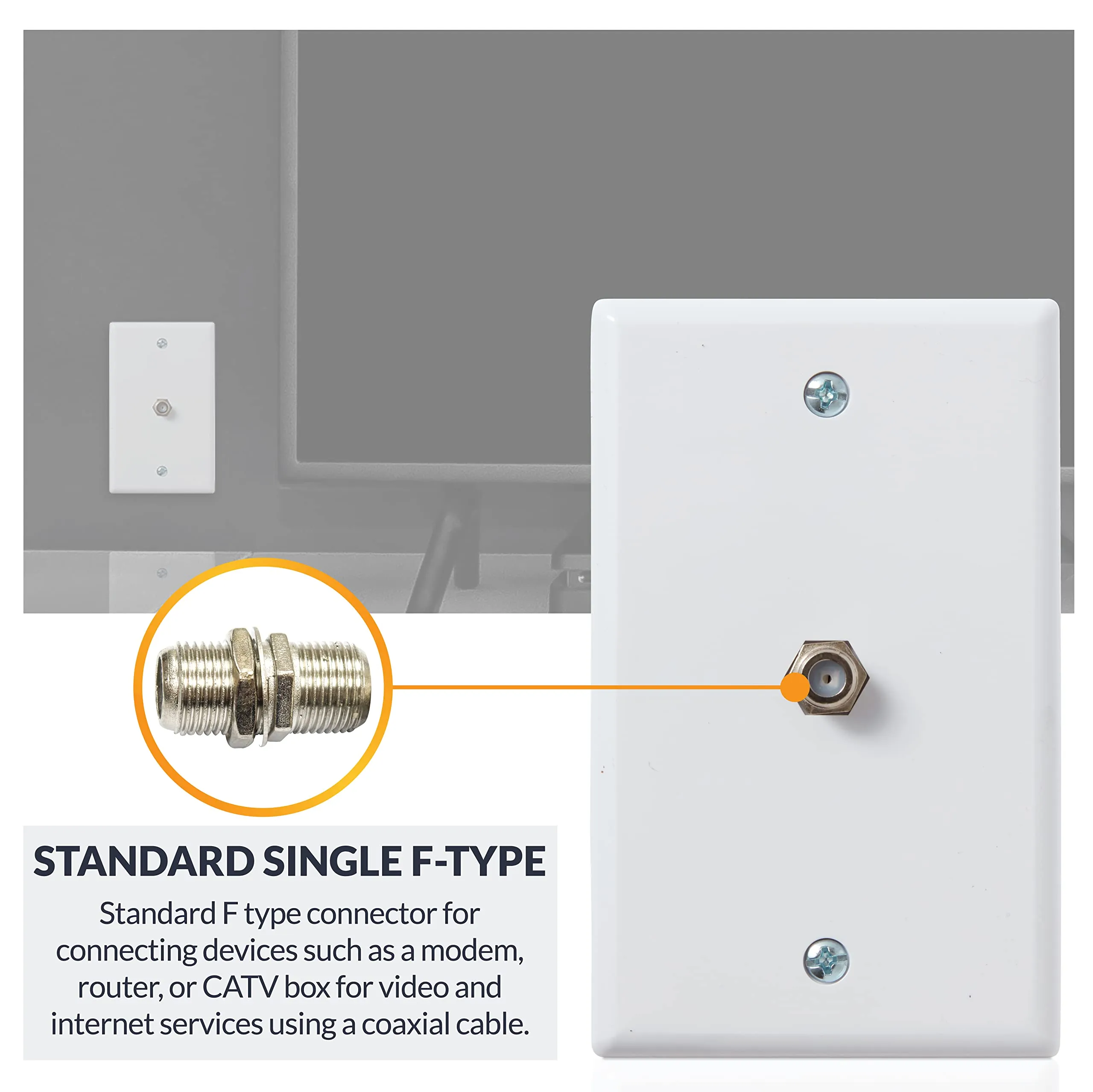 Realistic home TV installation scene with flat screen mounted close to wall, coax cable exiting wall plate, visible threaded F-type connector and right-angle coax fitting near the back of the TV Realistic home TV installation scene with flat screen mounted close to wall, coax cable exiting wall plate, visible threaded F-type connector and right-angle coax fitting near the back of the TV
