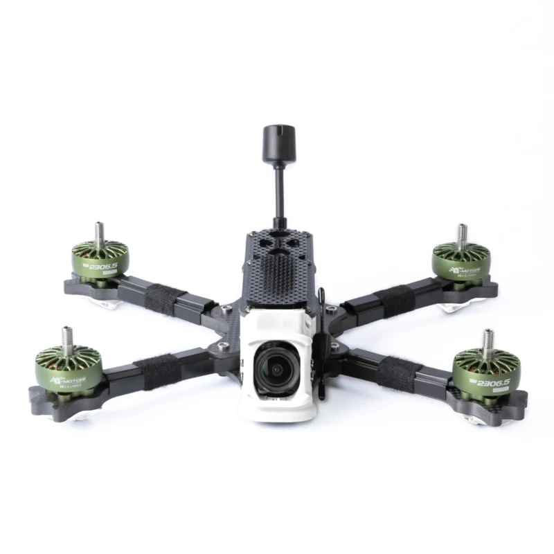 Side view of a drone showing antenna protruding at an angle, with potential interference from frame and props