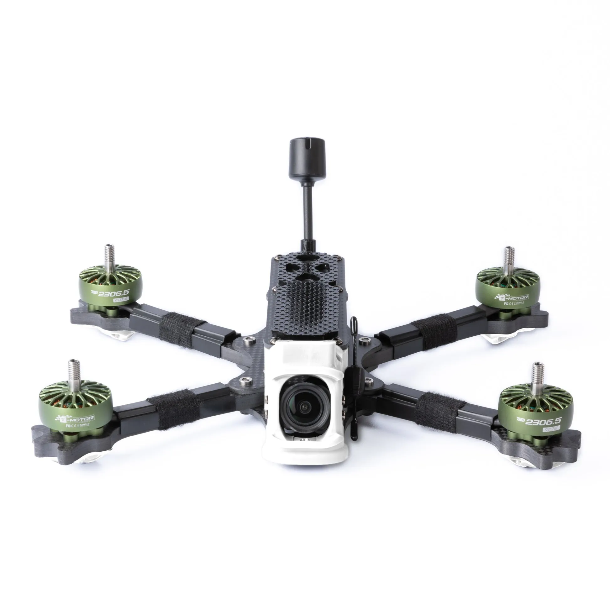 Side view of a drone showing antenna protruding at an angle, with potential interference from frame and props Side view of a drone showing antenna protruding at an angle, with potential interference from frame and props