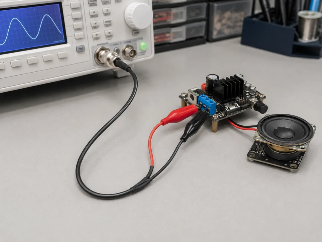 BNC alligator clip cable connecting a function generator to an audio amplifier board and speaker for signal testing BNC alligator clip cable connecting a function generator to an audio amplifier board and speaker for signal testing