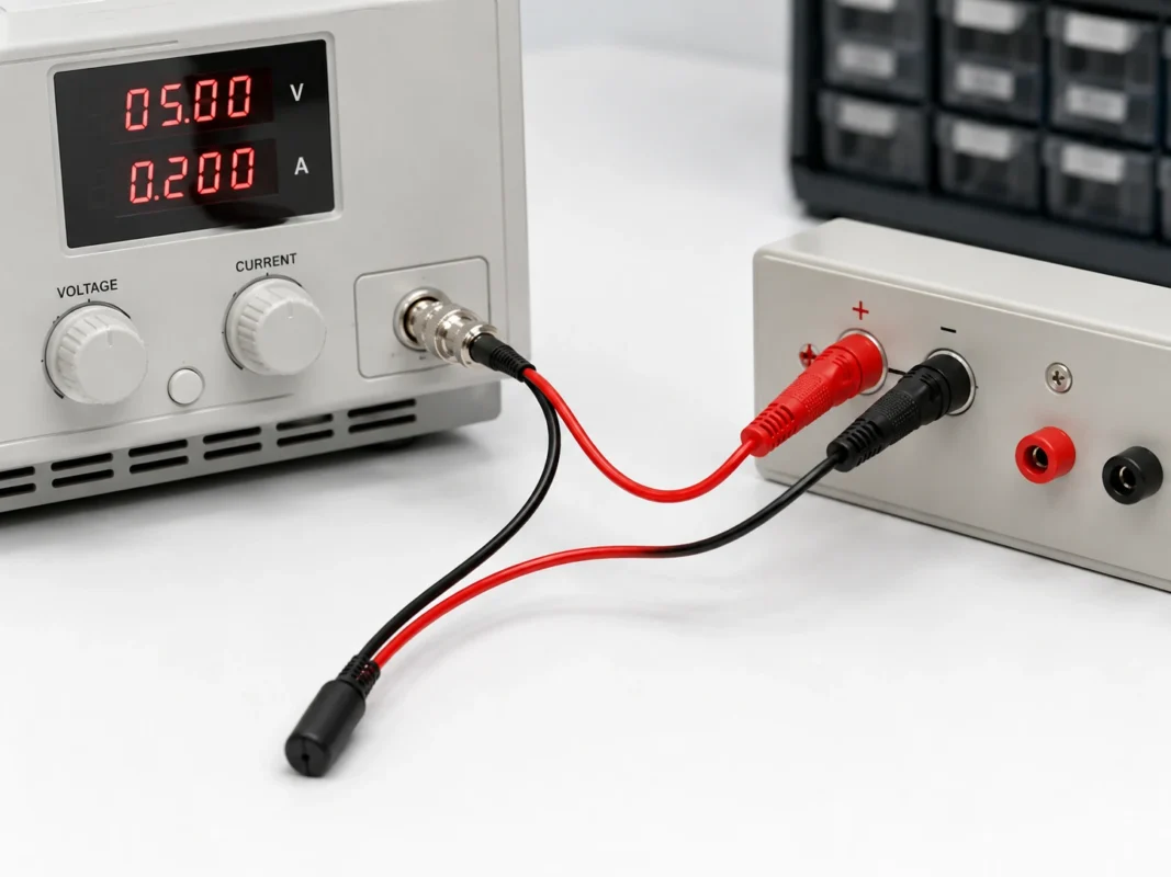 BNC banana test lead connecting a bench power supply to a low-voltage electronic device BNC banana test lead connecting a bench power supply to a low-voltage electronic device