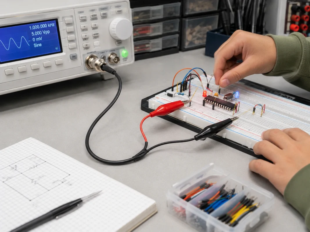 BNC breakout cable with red and black alligator clips used to inject a sine wave signal into a breadboard circuit BNC breakout cable with red and black alligator clips used to inject a sine wave signal into a breadboard circuit