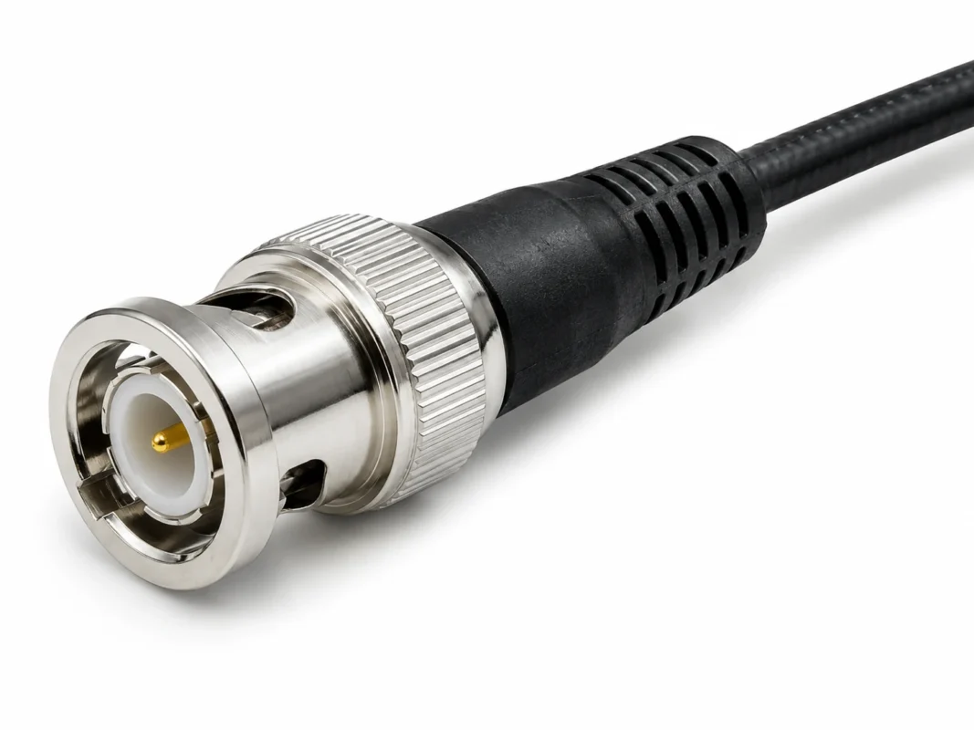 Close-up of BNC male connector showing center pin and bayonet coupling sleeve Close-up of BNC male connector showing center pin and bayonet coupling sleeve