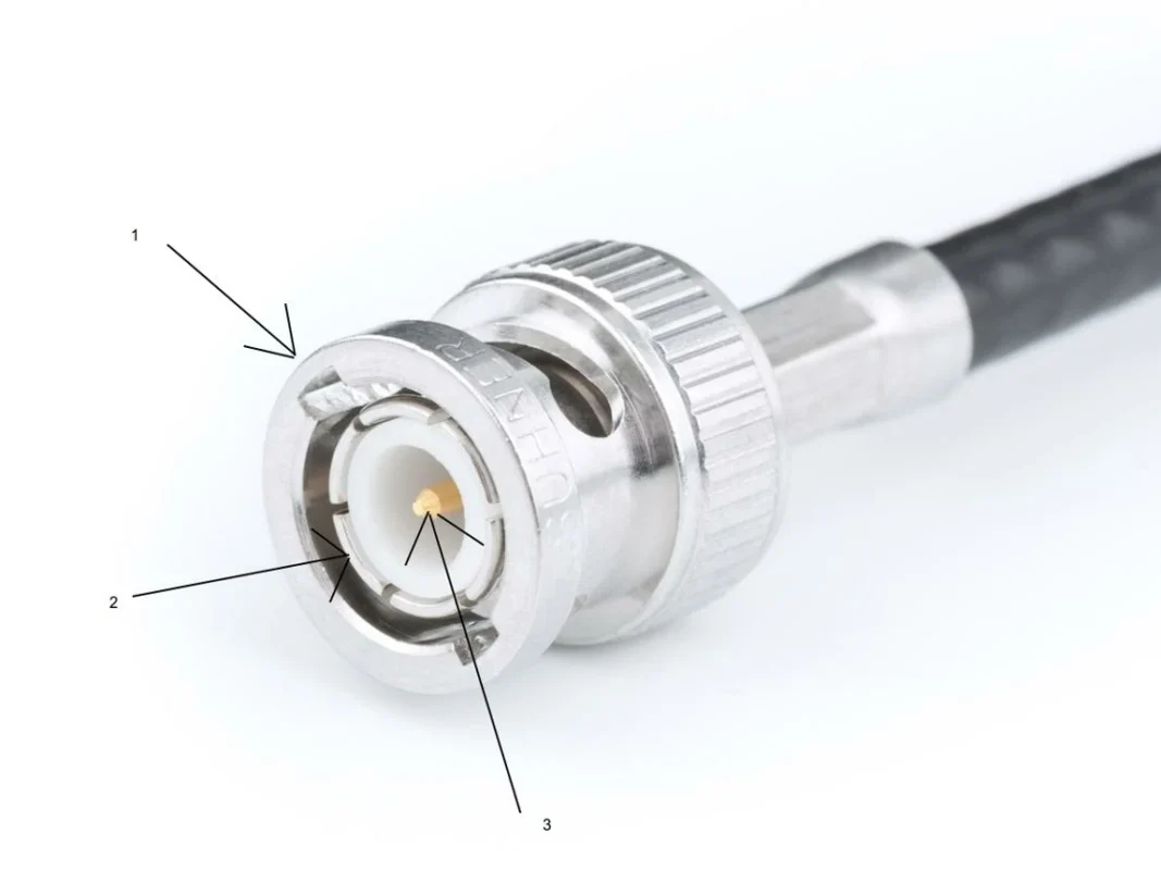 BNC male connector showing bayonet shell insulator and center pin BNC male connector showing bayonet shell insulator and center pin