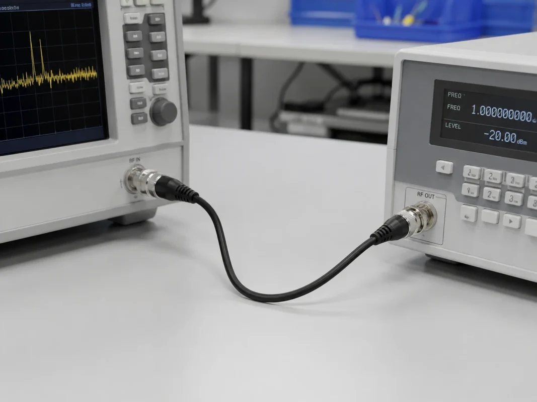 BNC male to male cable connecting RF test equipment on a laboratory bench BNC male to male cable connecting RF test equipment on a laboratory bench