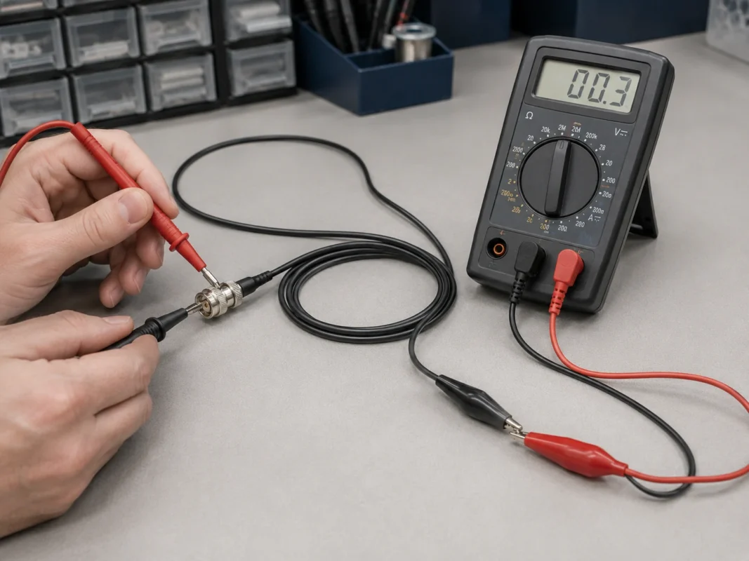 Technician using a digital multimeter to verify continuity and wiring polarity of a BNC to alligator clips cable Technician using a digital multimeter to verify continuity and wiring polarity of a BNC to alligator clips cable