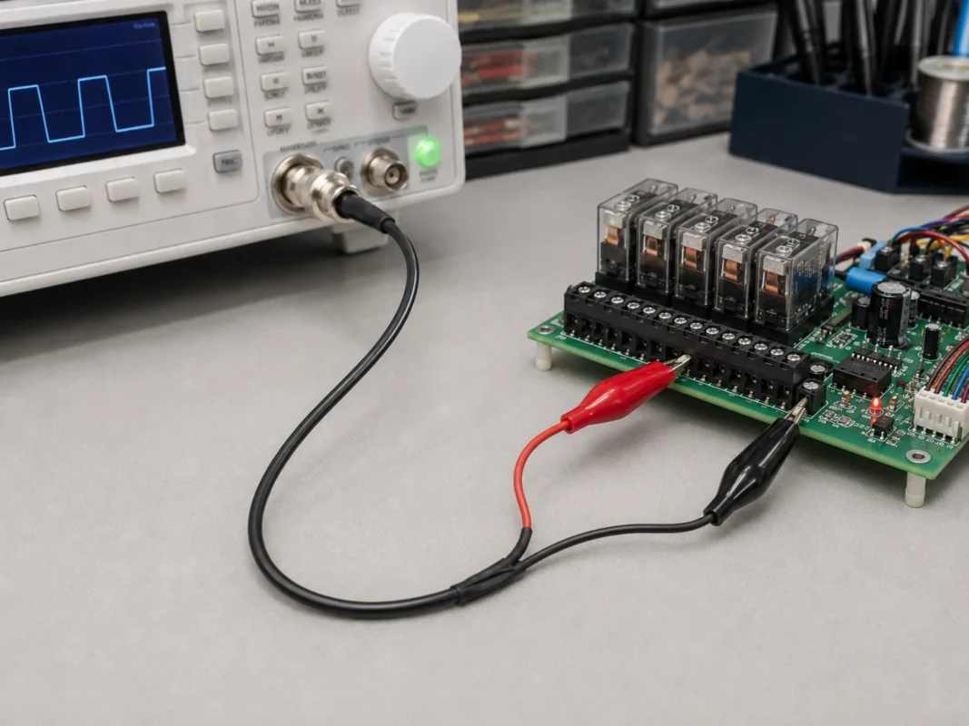 BNC to alligator clips cable connecting a function generator to a relay control board for square wave signal testing BNC to alligator clips cable connecting a function generator to a relay control board for square wave signal testing