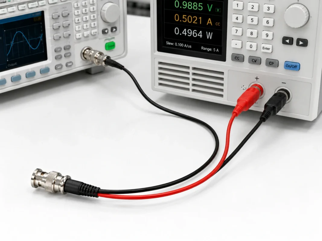 BNC to banana plug cable with red and black test leads beside laboratory bench instruments BNC to banana plug cable with red and black test leads beside laboratory bench instruments