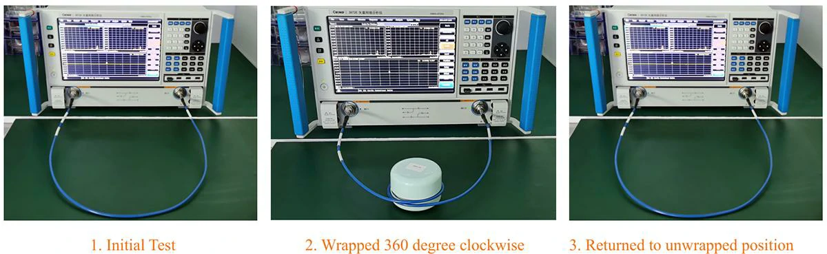 Coaxial cable bending repeatability test using a vector network analyzer Coaxial cable bending repeatability test using a vector network analyzer