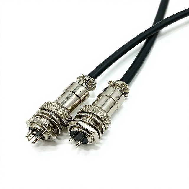Male and female GX aviation connectors with black cables and threaded metal housings Male and female GX aviation connectors with black cables and threaded metal housings