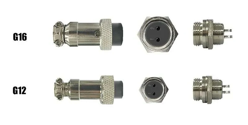 GX12 vs GX16 connector size comparison showing cable plugs and panel mount sockets GX12 vs GX16 connector size comparison showing cable plugs and panel mount sockets