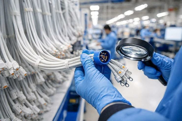 Technician inspecting a GX16 multi-pin cable connector during quality control Technician inspecting a GX16 multi-pin cable connector during quality control