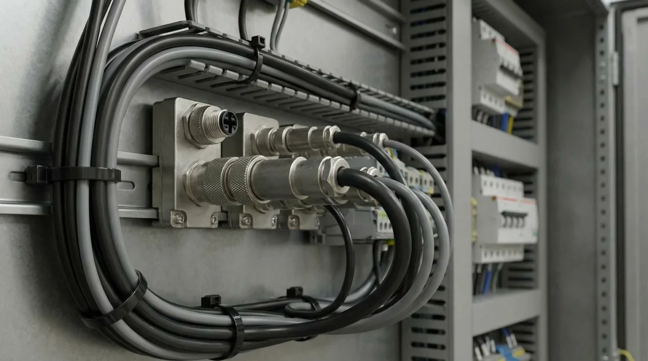 GX16-style circular connectors and cables installed inside an electrical control cabinet GX16-style circular connectors and cables installed inside an electrical control cabinet