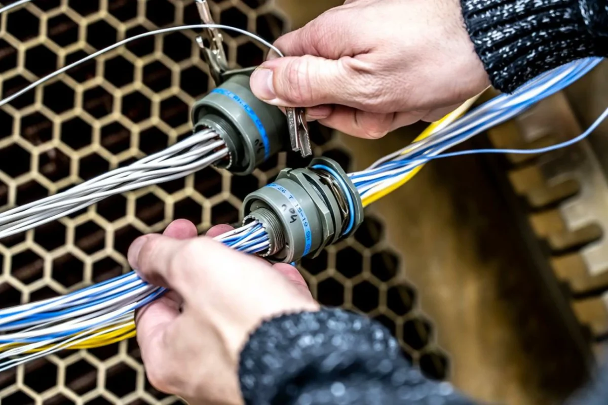 Technician installing multi-pin aviation connectors on an industrial wiring harness Technician installing multi-pin aviation connectors on an industrial wiring harness