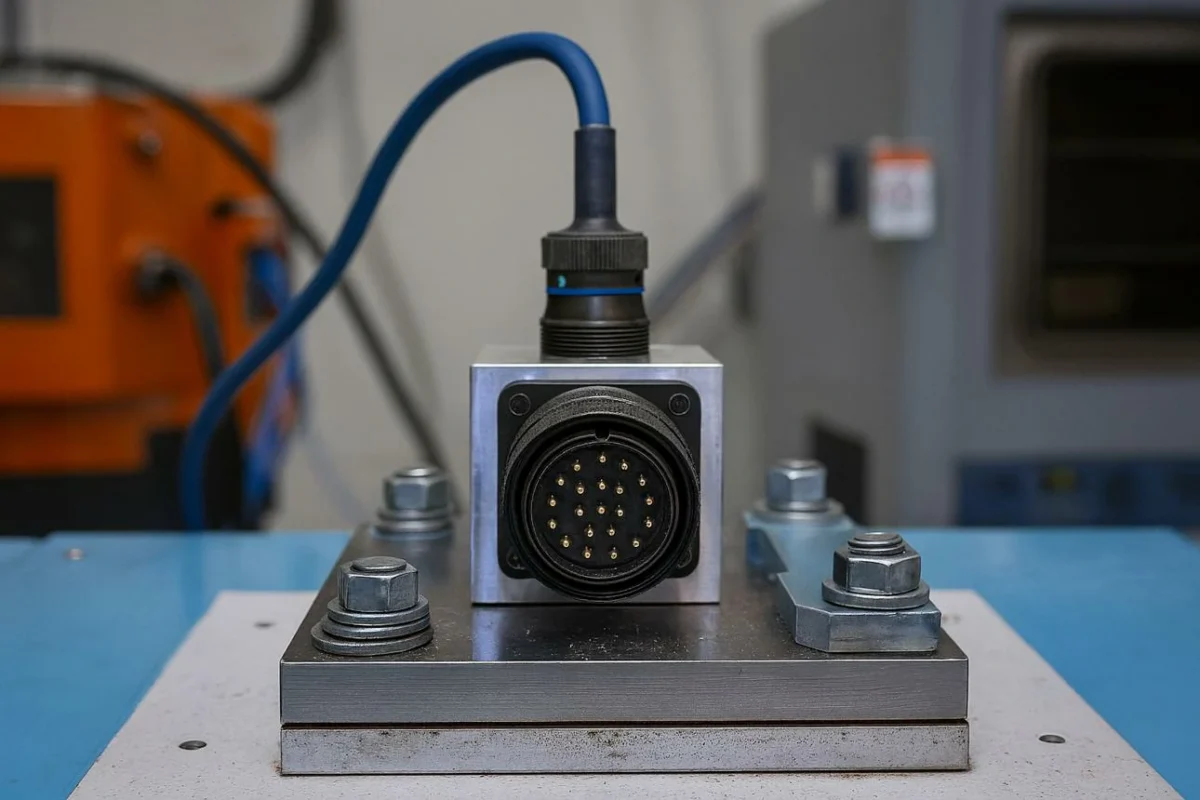 Multi-pin industrial circular connector mounted on equipment testing fixture Multi-pin industrial circular connector mounted on equipment testing fixture
