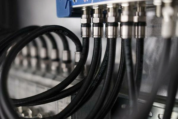 Multiple low loss RF cable assemblies connected to test equipment Multiple low loss RF cable assemblies connected to test equipment