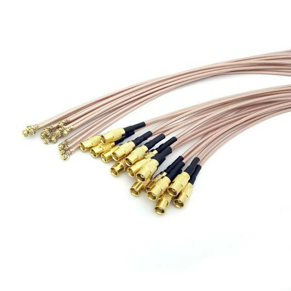 Batch of miniature RF cable assemblies with micro coax cables and gold-plated connectors Batch of miniature RF cable assemblies with micro coax cables and gold-plated connectors