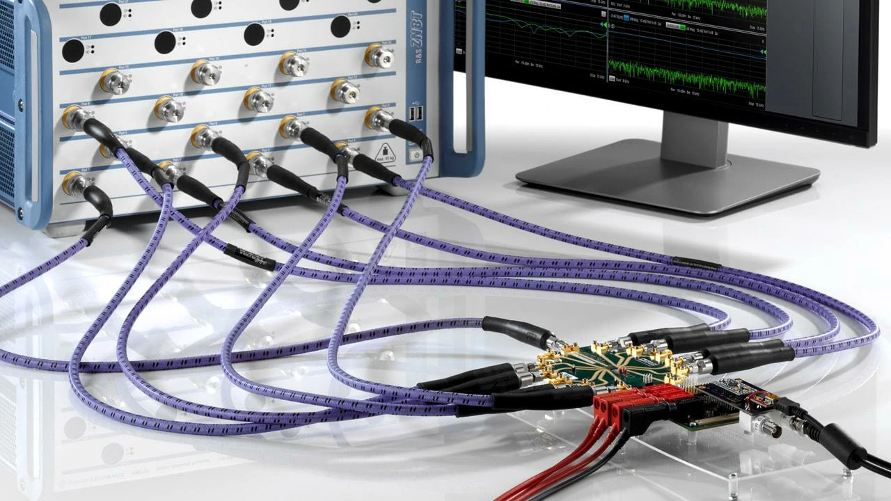 Multiple RF test cables connected to a multiport vector network analyzer Multiple RF test cables connected to a multiport vector network analyzer