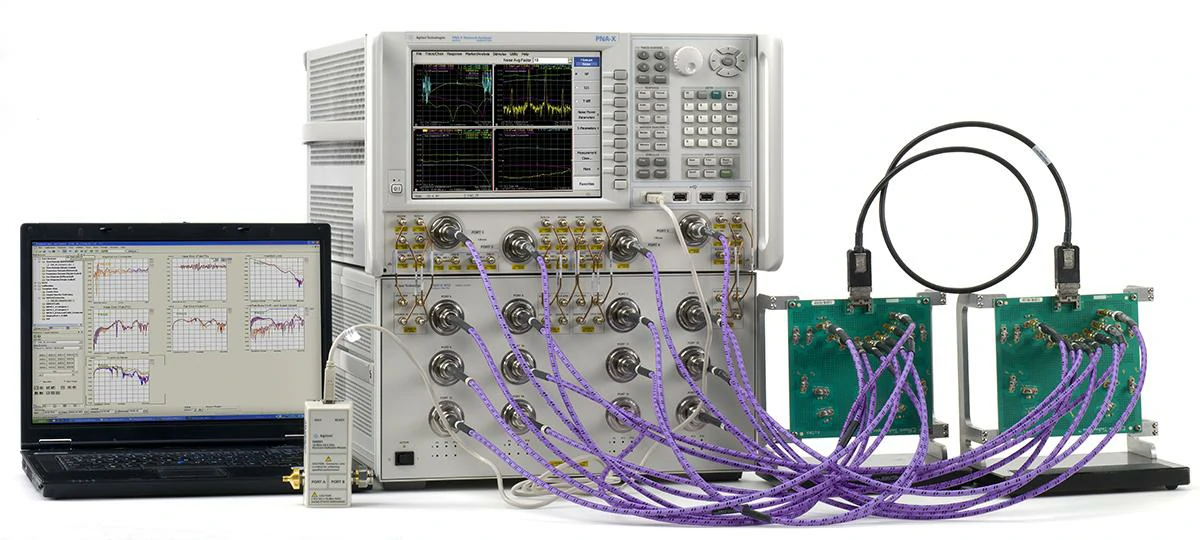 Multiport VNA measurement system connected with RF test cables and test boards Multiport VNA measurement system connected with RF test cables and test boards