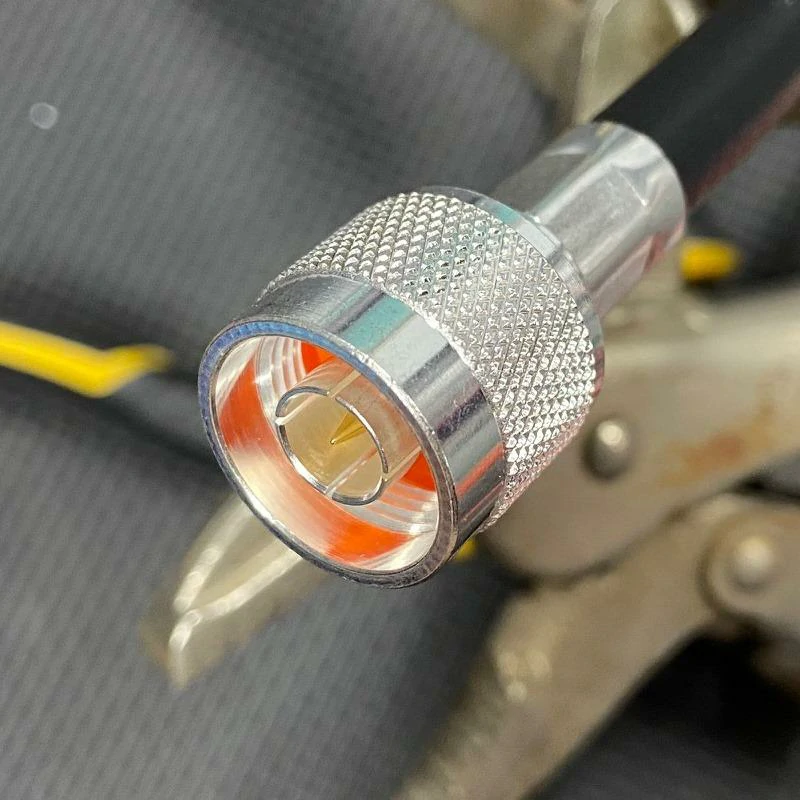 Close-up of an N male coaxial RF connector on a cable assembly Close-up of an N male coaxial RF connector on a cable assembly