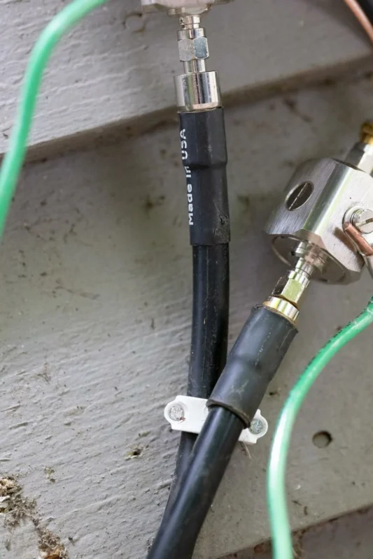 Low loss coaxial cables installed on outdoor RF equipment Low loss coaxial cables installed on outdoor RF equipment