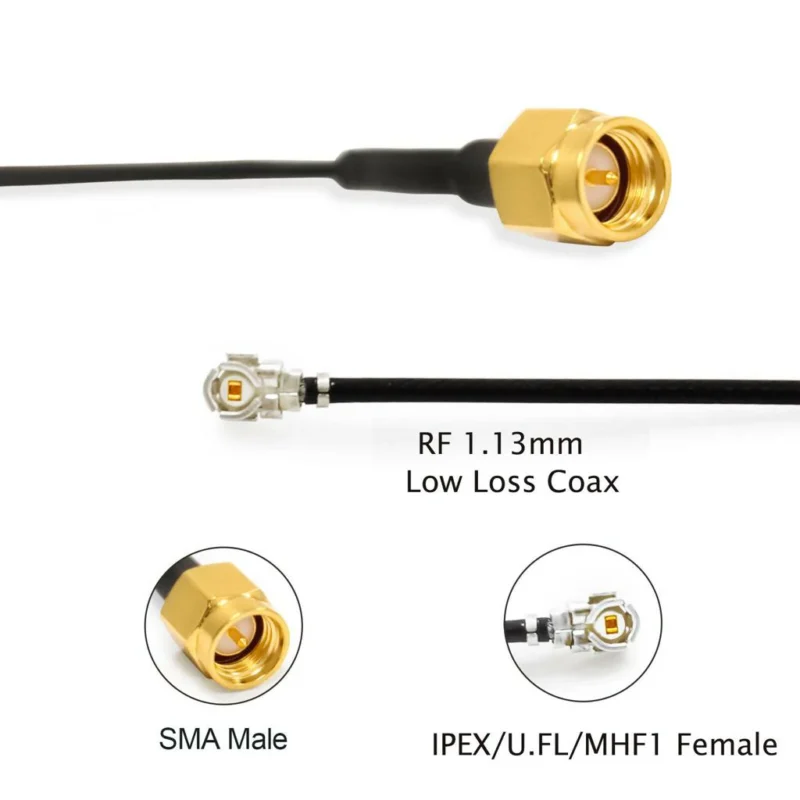 RF 1.13 mm micro coax cable with SMA male and IPEX U.FL MHF1 female connectors RF 1.13 mm micro coax cable with SMA male and IPEX U.FL MHF1 female connectors