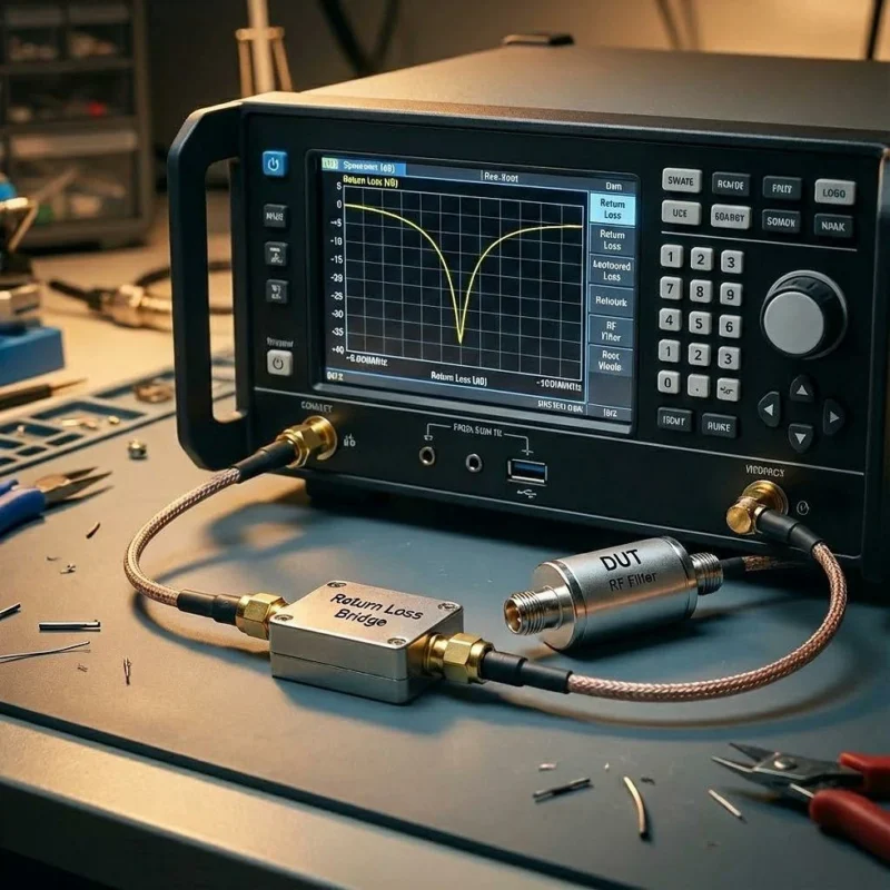Return loss test setup for evaluating RF connectors and coaxial cable assemblies Return loss test setup for evaluating RF connectors and coaxial cable assemblies