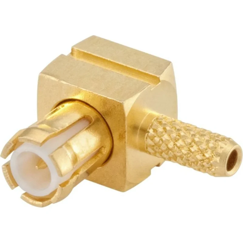 Right angle MCX male crimp connector for miniature RF coaxial cable assemblies Right angle MCX male crimp connector for miniature RF coaxial cable assemblies