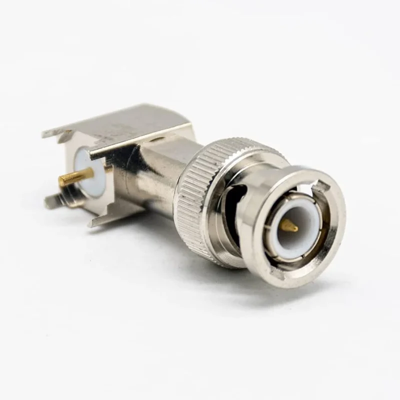 Right-angle PCB mount BNC connector with bayonet coupling for coaxial signal connections Right-angle PCB mount BNC connector with bayonet coupling for coaxial signal connections
