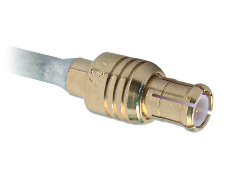Straight MCX crimp connector terminated on a miniature coaxial cable Straight MCX crimp connector terminated on a miniature coaxial cable