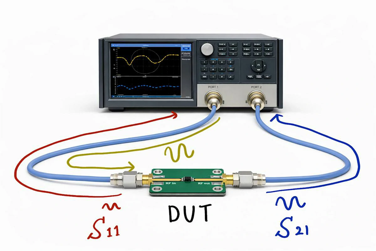 Two-port VNA test setup measuring S11 and S21 of a DUT Two-port VNA test setup measuring S11 and S21 of a DUT