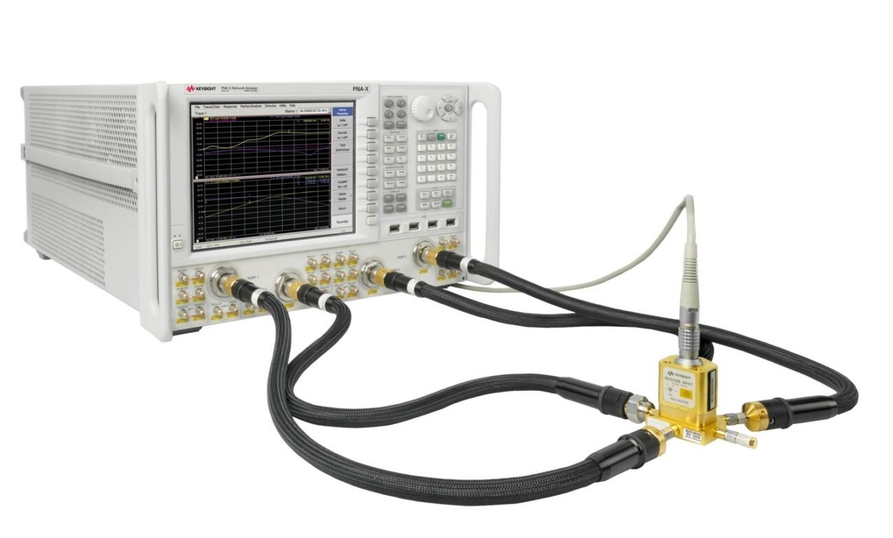 Vector network analyzer connected to RF test cables for insertion loss and S-parameter measurement Vector network analyzer connected to RF test cables for insertion loss and S-parameter measurement