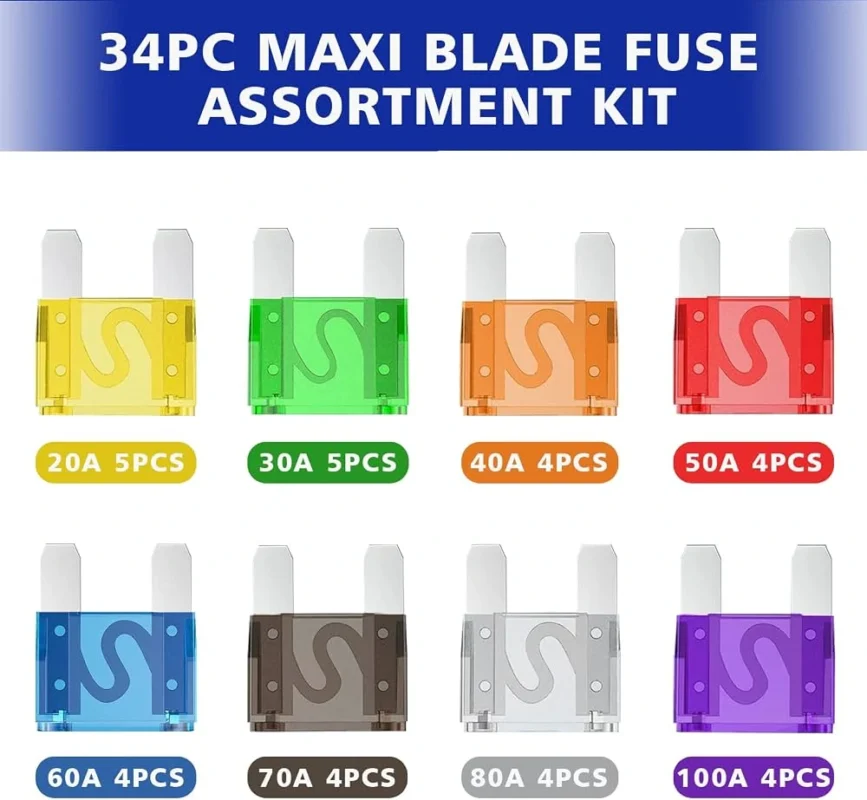 34-piece MAXI blade fuse assortment kit with 20A, 30A, 40A, 50A, 60A, 70A, 80A and 100A automotive fuses 34-piece MAXI blade fuse assortment kit with 20A, 30A, 40A, 50A, 60A, 70A, 80A and 100A automotive fuses