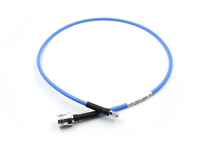 Blue 4.3-10 female to SMA male RF cable assembly for test and measurement connections Blue 4.3-10 female to SMA male RF cable assembly for test and measurement connections